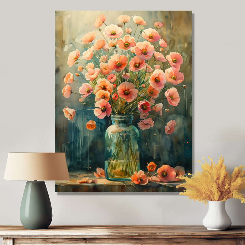 Bouquet de roses roses et vertes, pot de lait, art mural salon, Toile tendue, H 32 po x l 24 po