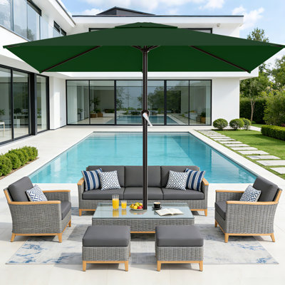 6.5×10FT All-Steel Rectangular Patio Umbrella, UPF 50+ UV Protection, Crank Handle, 6 Heavy Duty Ribs, Outdoor Market Umbrella for Garden, Pool, Backyard, Dark Green