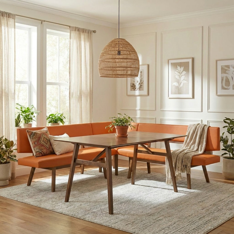 Coin-repas en bois recouvert de similicuir Jeiren de style milieu du siècle, Sunset Orange