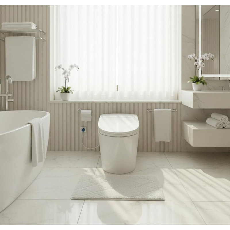 Toilette intelligente conforme ADA - réservoir intégré, ouverture / fermeture automatique, siège chauffant, séchoir à air chaud, capteur de pied, télécommande - blanc
