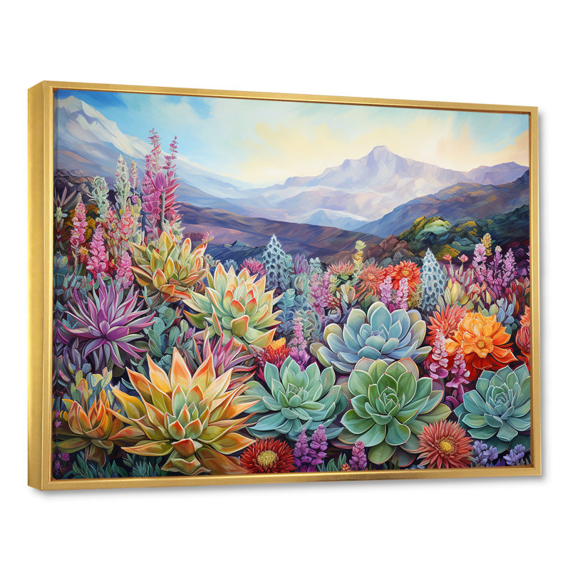 «Green Succulent Desert Charm I», reproduction sur toile, Cadre flottant doré, H 16 po x l 32 po x P 1 po