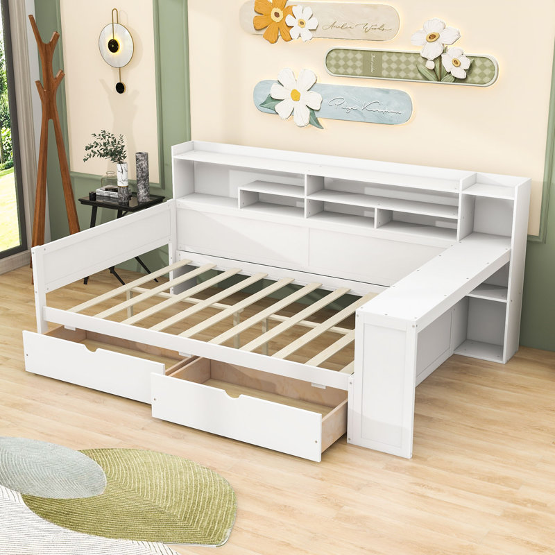Wood Daybed with Drawers, Desk and Shelves