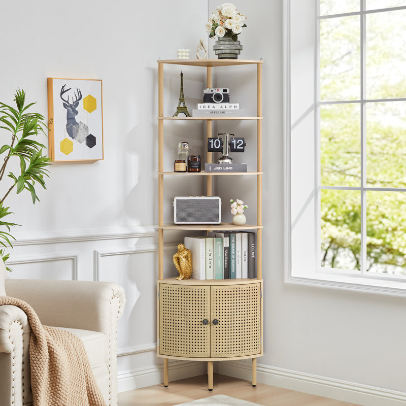 Bibliothèque d'angle, étagère de rangement à 5 niveaux avec armoire, Naturel