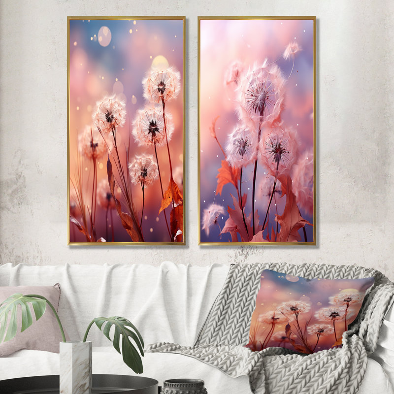 «Delicate Calm Dandelion Serenity IV», ensemble de 2 impressions murales florales, Encadrement doré, H 40 po x l 41 po