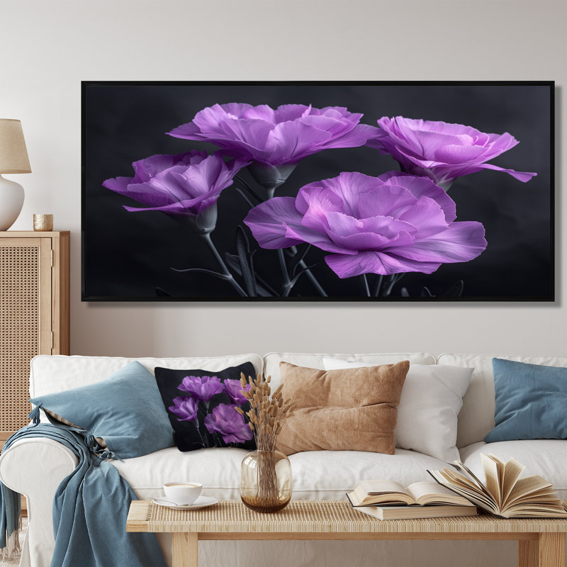 Mauve et gris, œillets, harmonie - œillets, art mural, H 34 po x l 44 po, Cadre flottant noir