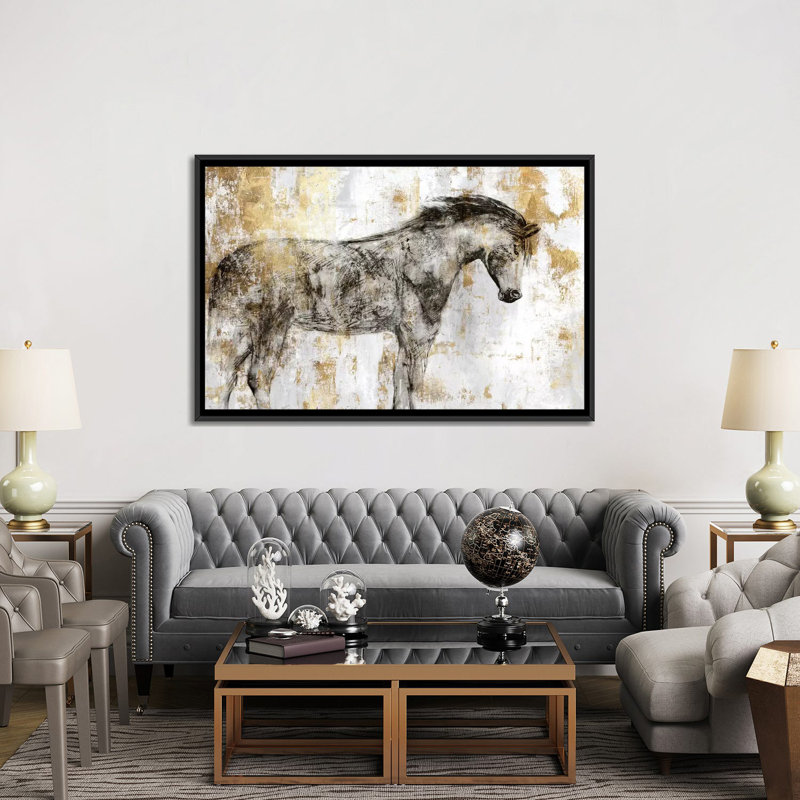 «Équitation dorée I», reproduction sur toile, H 32 po x l 48 po x P 1,5 po, Toile avec cadre noir, Pas de tapis
