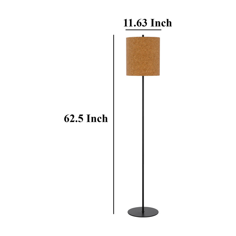 Plue 63 Inch Floor Lamp, Pole w Round Base, Cork Drum Shade, Black, Brown