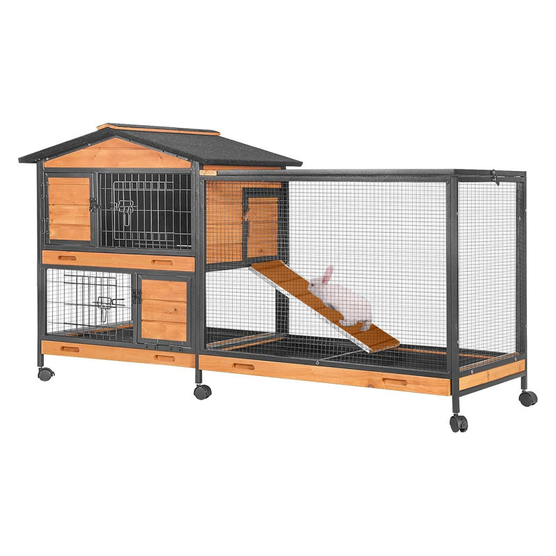 Clapier à lapins de grande taille (157 cm) à 2 étages avec structure métallique pour intérieur et extérieur, cage en bois avec 6 roulettes verrouillables, rampe anti-rongement, 3 plateaux amovibles étanches pour lapins, cochons d'Inde et petits animaux de compagnie.