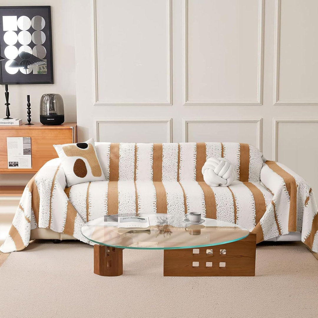 Velvet Sofa Cover , Soft Fluffy Striped Couch Protector L Shape, Brown White Living Room Furniture Cover (180 x 260cm)