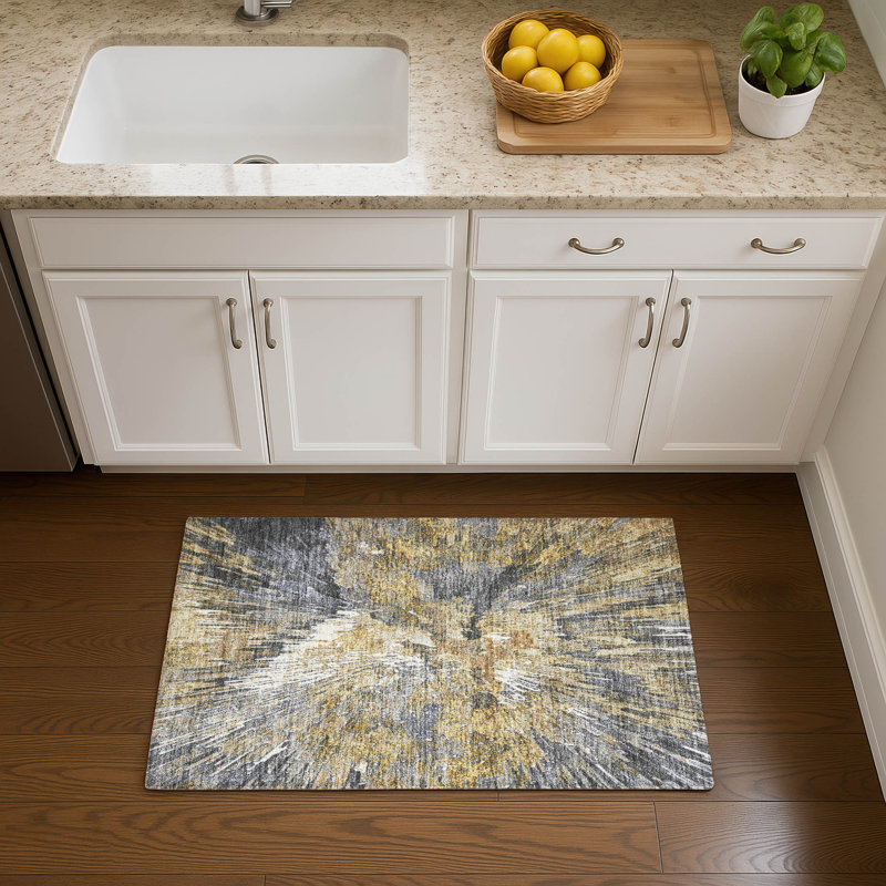 Premium Machine Washable Mayfield AMF2283 Abstract Rug, Gold, 1'8" x 2'6"