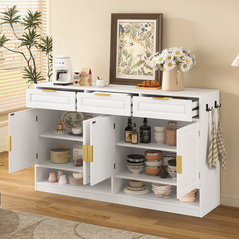 Buffet avec 3 tiroirs et 4 portes, buffet de rangement avec tablette réglable et compartiments de rangement ouverts, Blanc