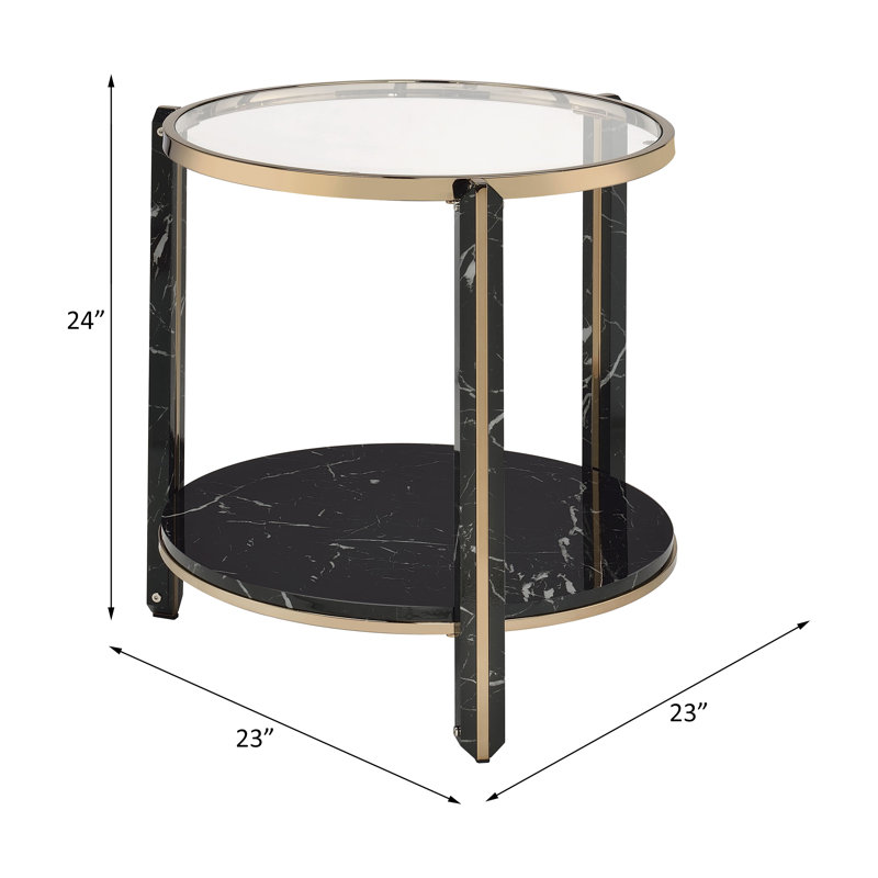 Round Glass and Faux Black Marble End Table with Champagne Trim