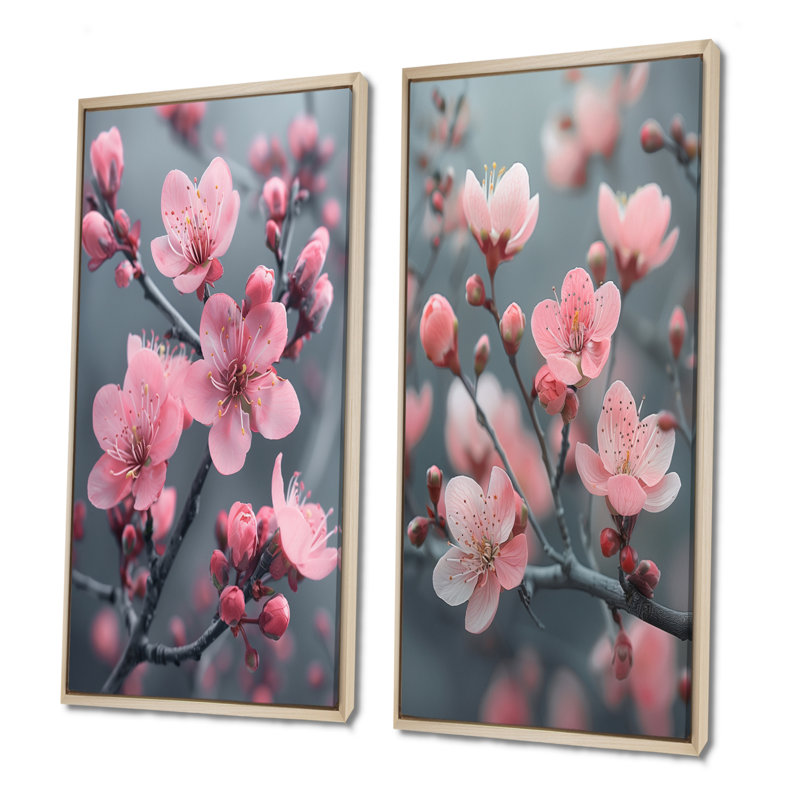 Ensemble de 2 pièces monochromes de fleurs de cerisier gris dans le vent I - Fleurs de cerisier, H 32 po x l 32 po, Érable