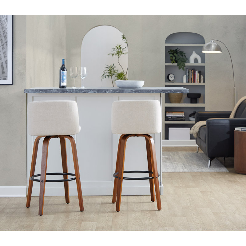 Thea Toriano Fixed-Height Bar & Counter Stools with Bent Wood Legs & Round Footrest, Walnut/Black