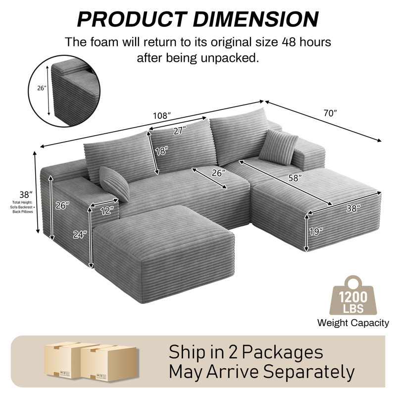 Canapé modulaire Boneless, canapé modulaire en velours côtelé de 104 po de largeur avec repose-pieds - aucun assemblage requis