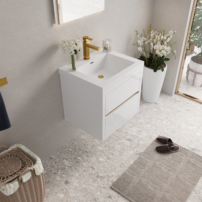 Meuble-lavabo mural 24 po avec lavabo, meuble de rangement flottant pour salle de bain avec comptoir en résine de pierre et tiroirs à fermeture en douceur