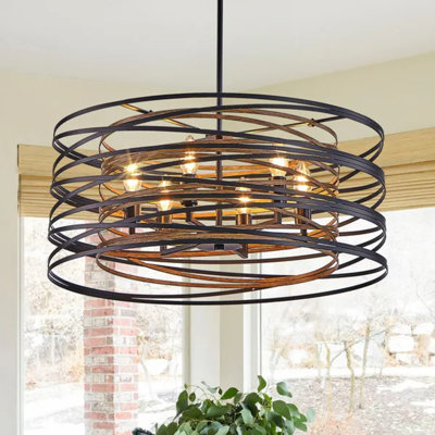 Luminaire suspendu industriel 24 po à 6 lumières avec lustre en métal noir et noyer pour îlot de cuisine, salle à manger (ampoules non incluses)