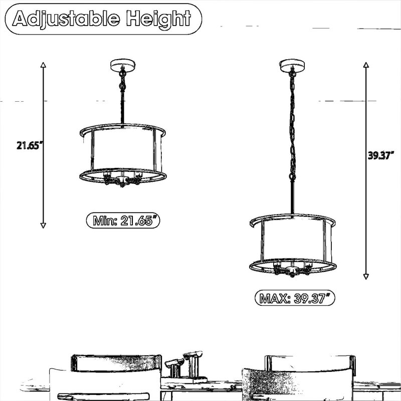Lustre tambour Modern Farmhouse avec abat-jour en tissu blanc et cadre doré, luminaire suspendu à 4 lumières pour la salle à manger et le salon, hauteur de suspension réglable, compatible avec douille E12