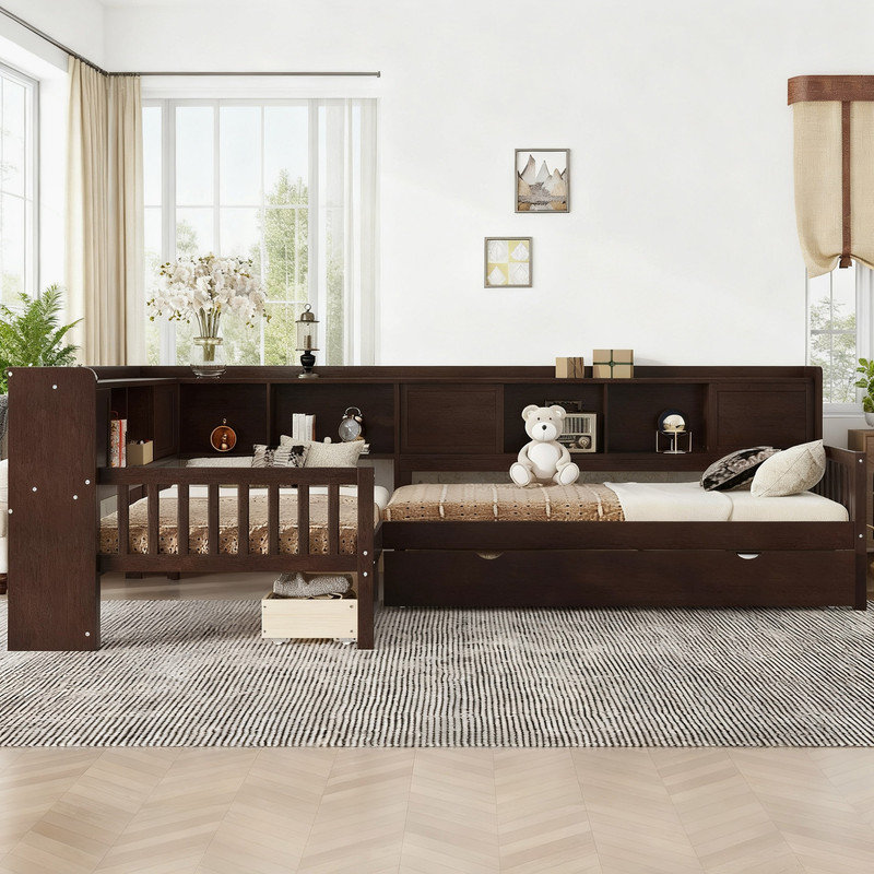 Lit plateforme simple en L avec lit gigogne, tiroirs et tablettes, structure de lit d'angle en bois massif, Espresso