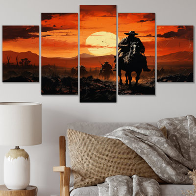 Western Sunset Riders Pointillism Art II - Western Canvas Print - 5 Panels