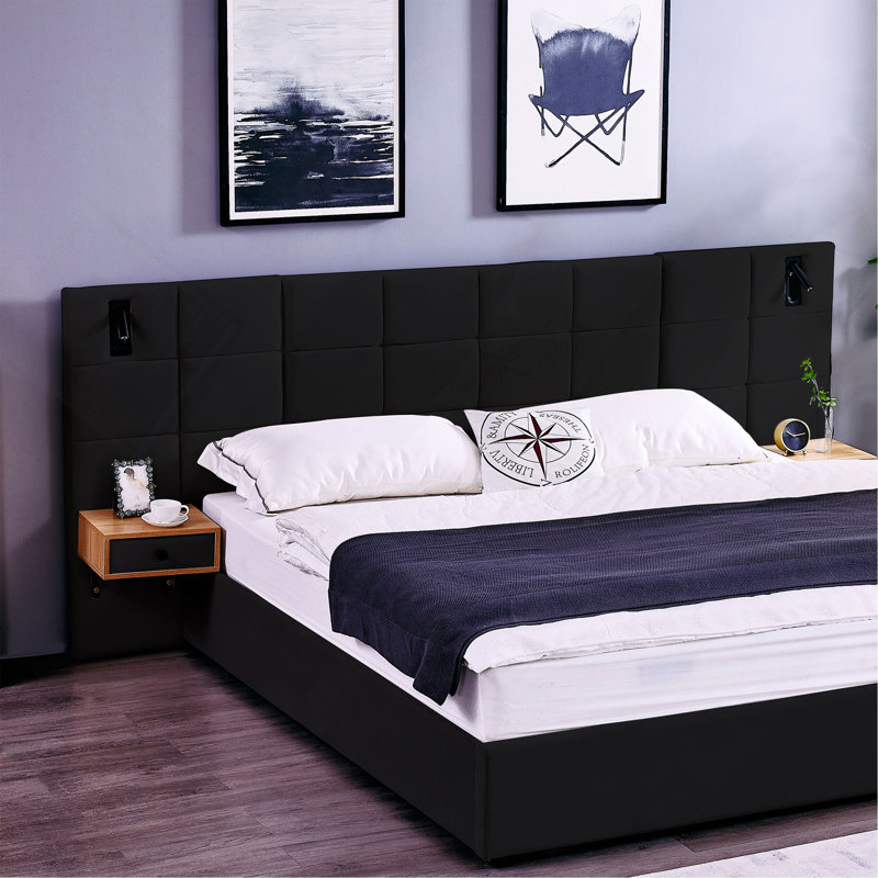 Lit plateforme tapissier hydraulique en velours avec 2 tablettes, 2 lampes de lecture et port USB, Noir