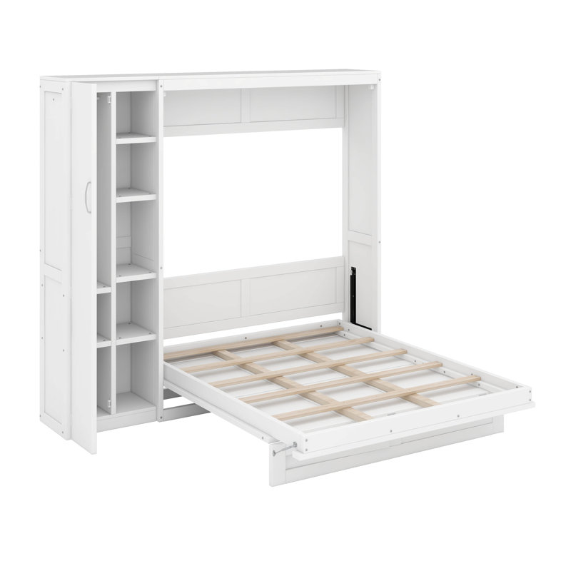 Lit escamotable double avec tablettes, garde-robe et DEL, Lit double, Blanc