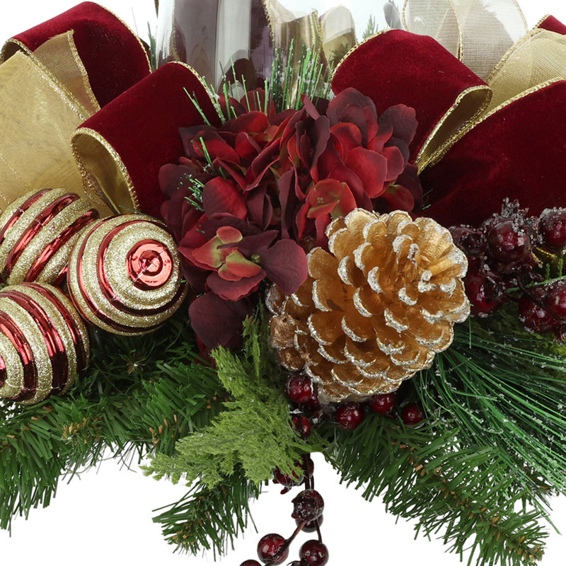 Jiair Hydrangea Holiday Evergreen Centerpiece with Pinecones, Ornaments, Berries and Glass Vase