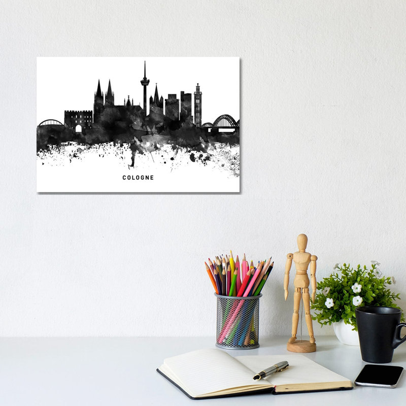 Cologne Skyline Black & White by WallDecorAddict - Wrapped Canvas Print, 20.32 cm H x 30.48 cm W