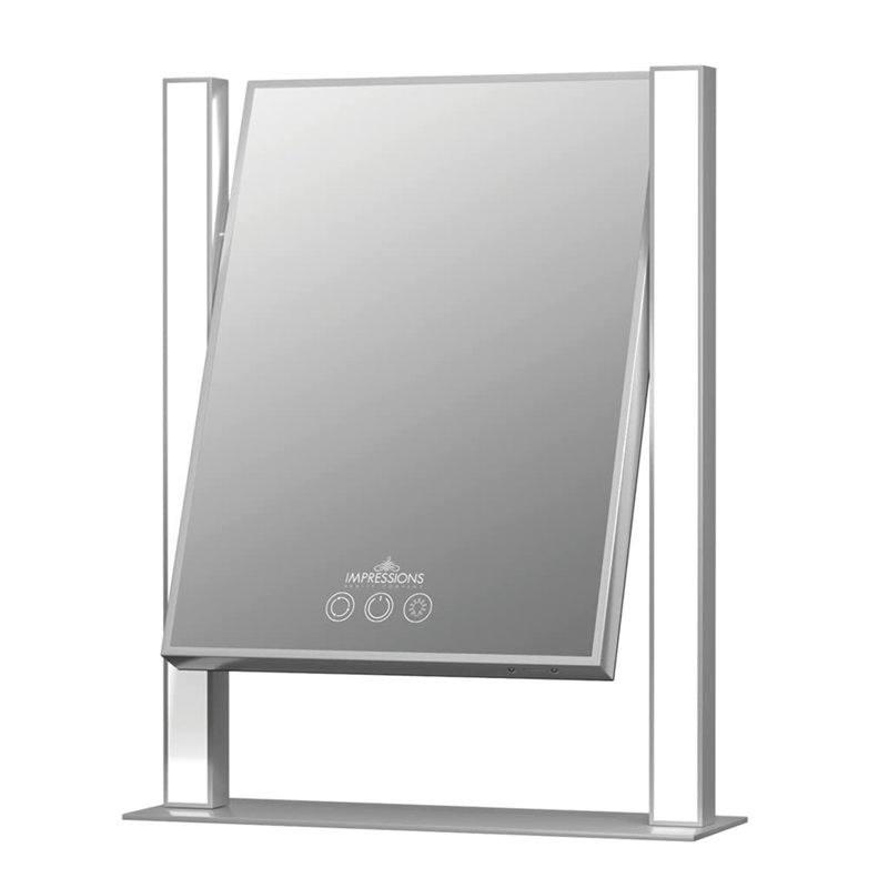 Ellston Nouveau Tri-Tone LED Makeup Mirror with Geometric Frame 360 Degree Swivel Desk Mirror with LED Light, Silver