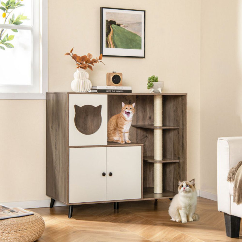 Cat Litter Box Enclosure With 3 Sisal Scratching Posts For Indoor Cats