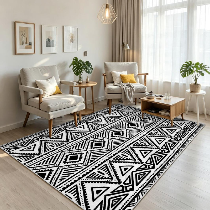 Tapis d'intérieur blanc et noir, Rectangle 71" x 98"