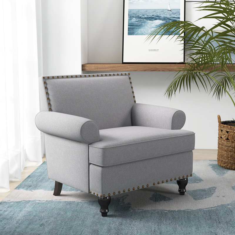 Daro 30'W Upholstered Armchair With Nailhead Trim, Light Gray Polyester Blend