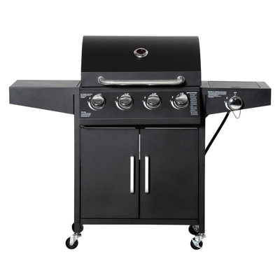 Barbecue au propane à 4 brûleurs avec brûleur latéral Outsunny, barbecue en acier inoxydable de 48 000 BTU avec grille de réchaud, armoire de rangement et thermomètre, noir