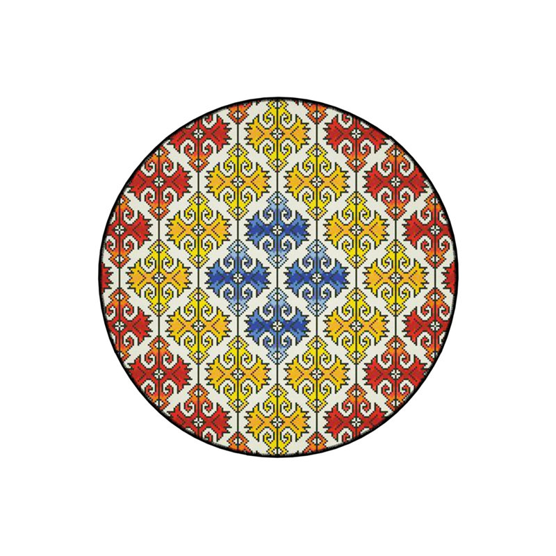 Yellow Blue Red Shape Detailed Woven Base Modern Decorative Carpet, Round 3'4"
