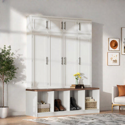 Farmhouse Hall Tree With 4 Hidden Hanging Hooks, 8 Doors, Seating Bench And Shoe Cabinet