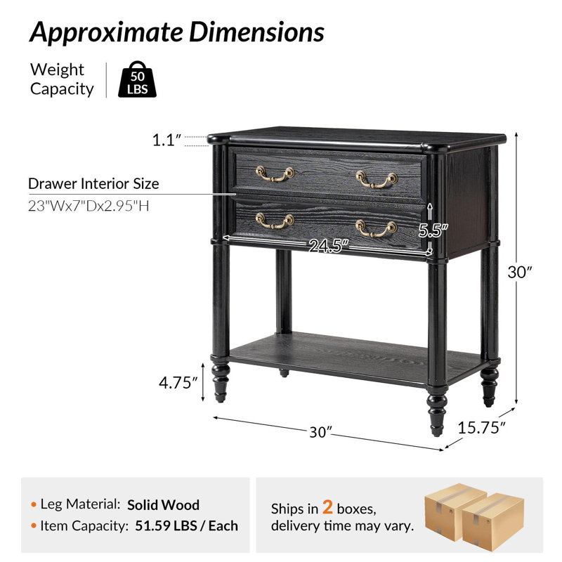 Table d'appoint Hoai 30''W de style transitionnel avec station de charge intégrée USB et Type-C, structure en bois massif et 2 tiroirs (paquet de 2)