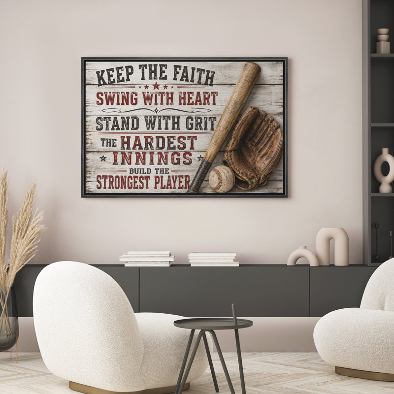 «Baseball Faith Motivation Quote Rustic Sports Decor», reproduction d'art encadrée sur toile, 24" H x 36" W x 1.5" D, Black