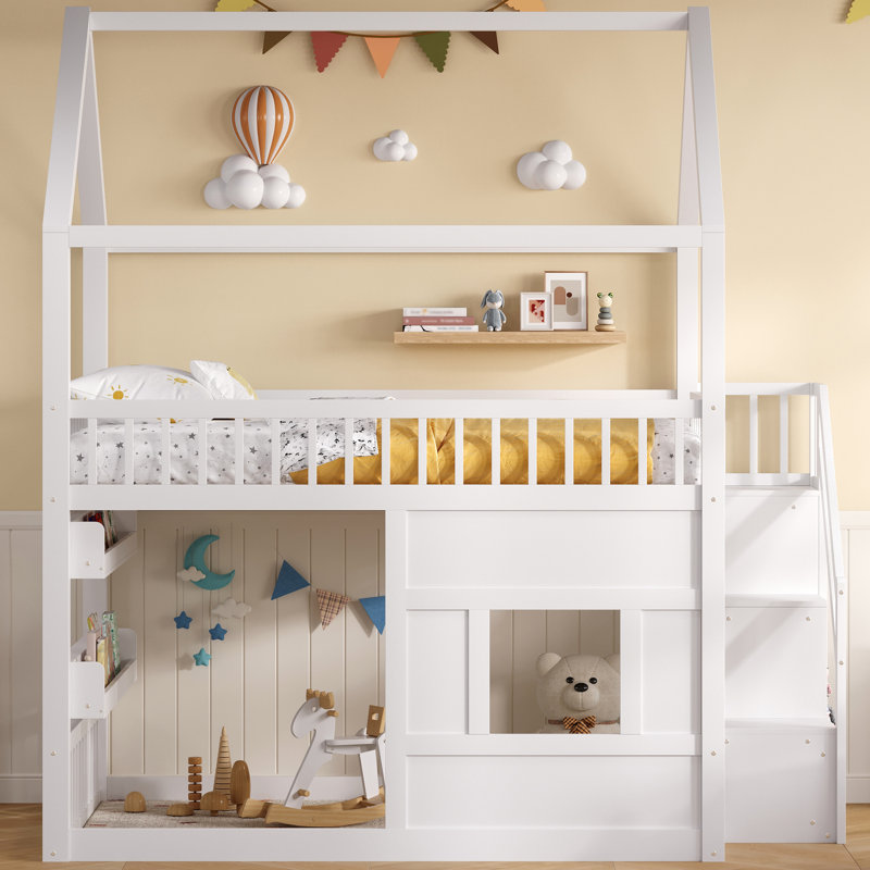 Lit pour maison double en bois pleine grandeur en blanc, éclairage de tablette à DEL, structure en forme, coffre-fort pour un accès facile Blanc de bois, tablette, cadre, garde-corps, solution de chambre fonctionnelle et peu encombrante