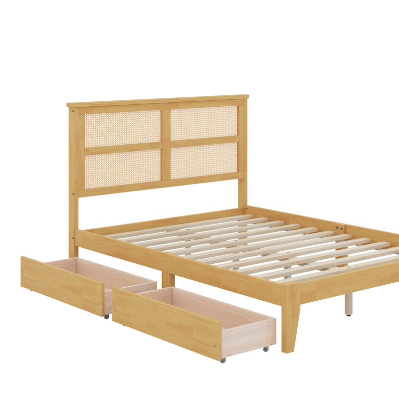 Lit avec tête de lit en rotin et 2 tiroirs de rangement, lit en bois d'hévéa avec sel et pieds de soutien améliorés