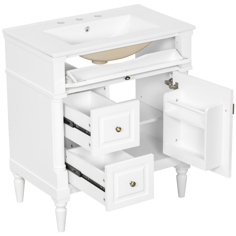 30"W Elegant Bathroom Vanity With Ceramic Sink, White