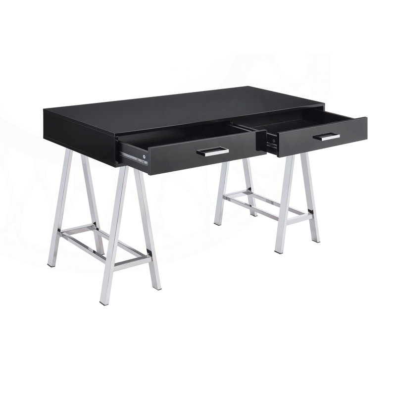Black High Gloss and Chrome Writing Lagena with Integrated USB Charging Port for Modern Home Office, Black