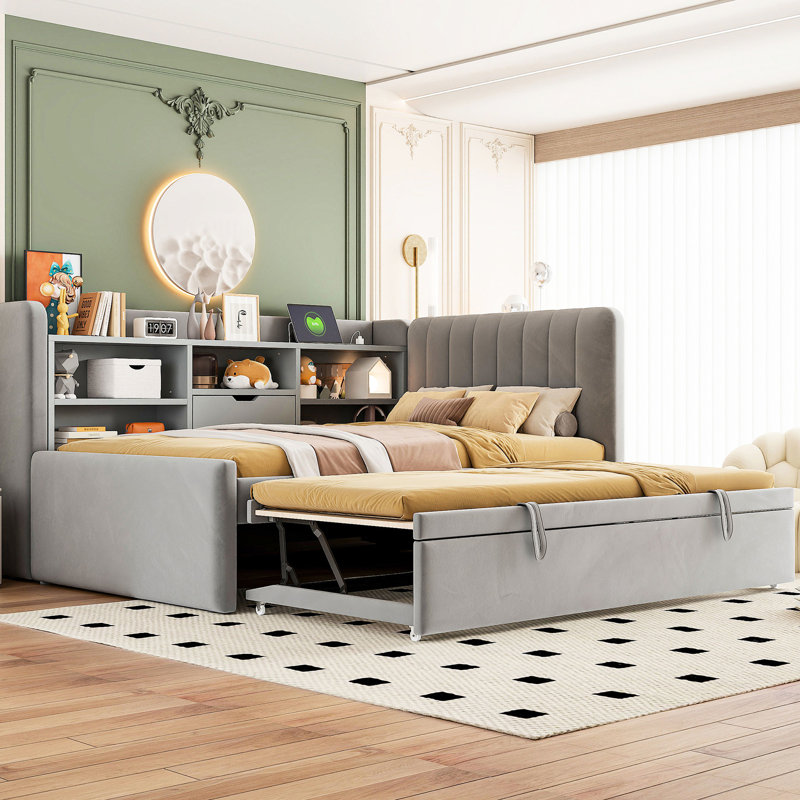 Lit de jour simple rembourré gris avec lit gigogne escamotable, rangement pour livres, chambres multifonctionnelles et chambres à coucher et prises de courant partagées, conception peu encombrante