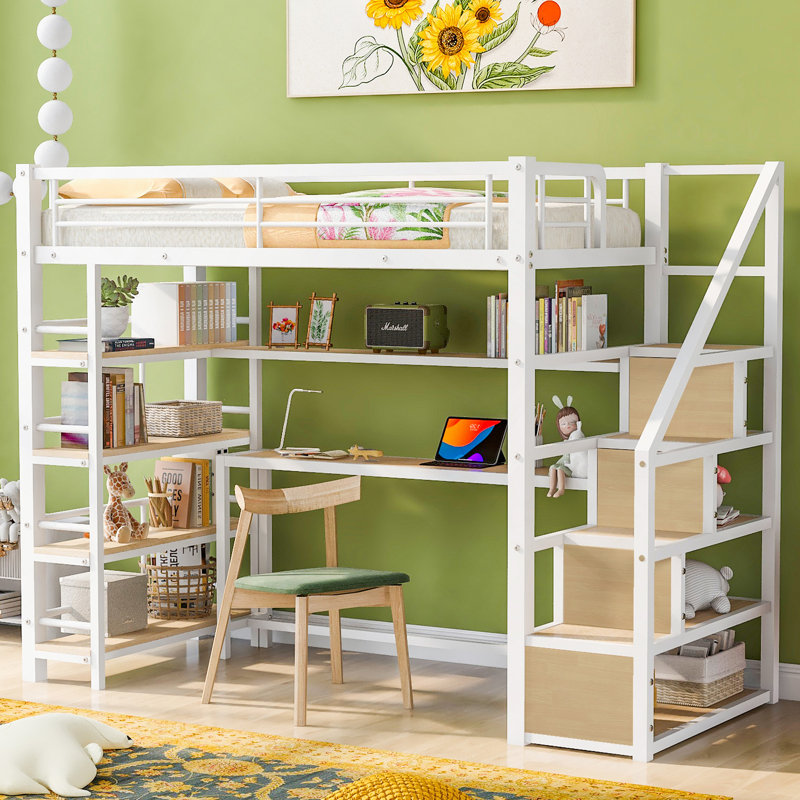 Lit mezzanine simple en métal avec escalier, bureau intégré et tablettes de rangement, blanc