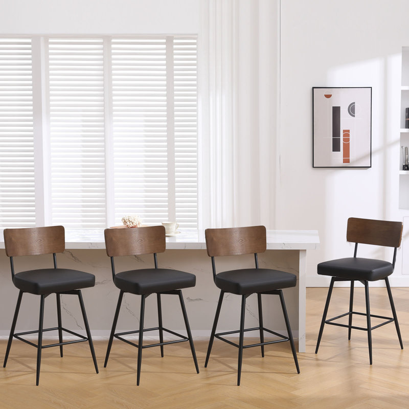 26" Mid-Century Modern Swivel Faux Leather Upholstered Wood Counter & Bar Stool, Black