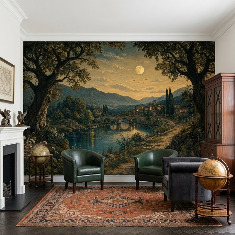 Papier peint paysage paysage mural rivière au clair de lune et pont de pierre, 100 po x 96 po, Non tissé