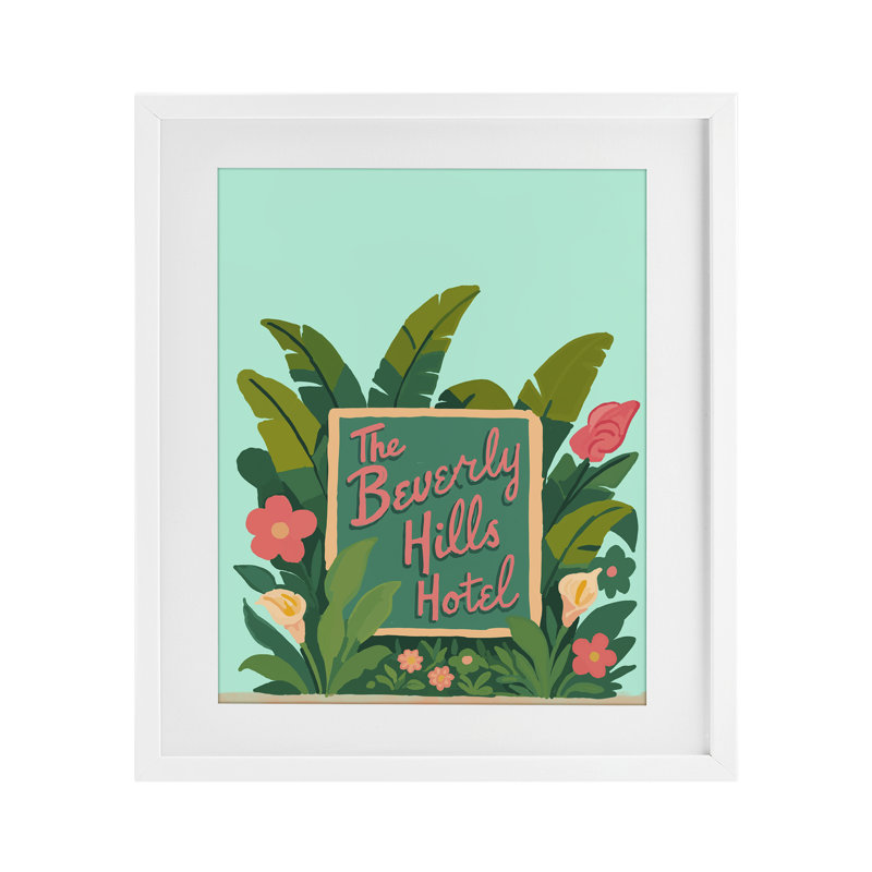 Beverly Hills Hotel, reproduction sous verre encadrée, design par Amelia Noyes, H 16 po x l 13 po, Cadre blanc côtier
