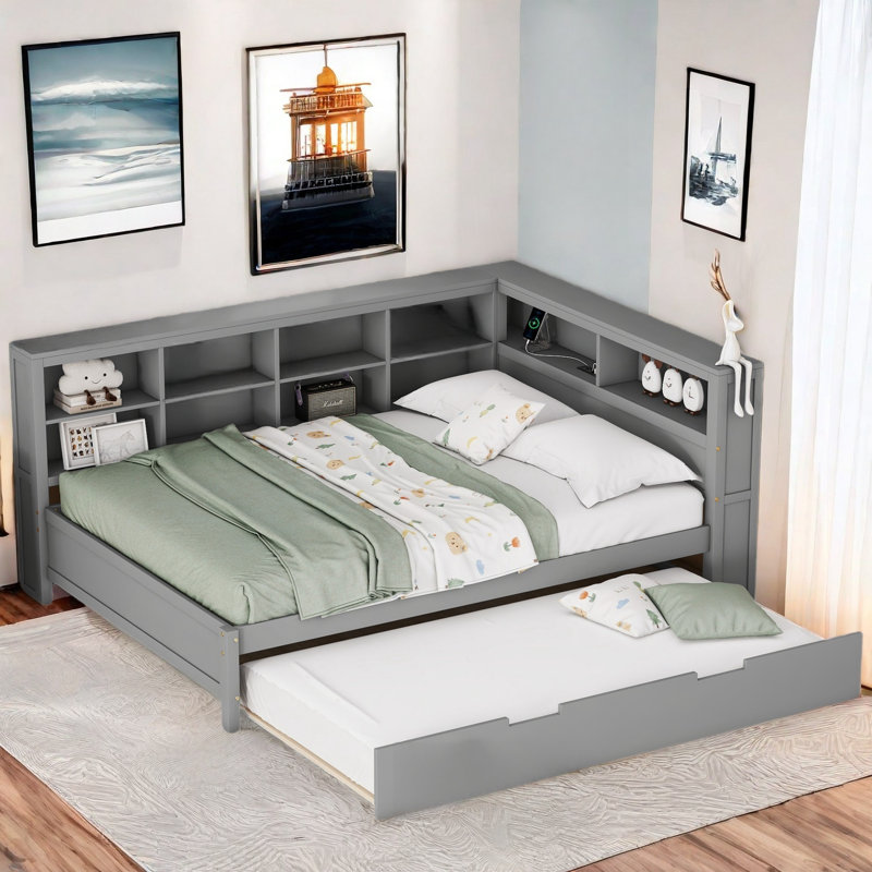 Lit de jour en bois avec lit gigogne simple, tablette de rangement et ports de chargement USB, Gris, Double