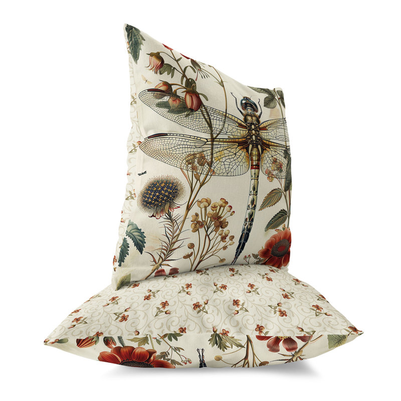 Dragonfly Fairytale Indoor/Outdoor Square Throw Pillow, 26"H x 26"W, Red/Beige