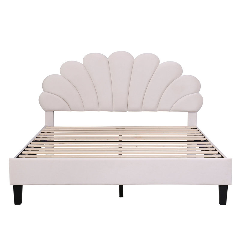 Grand lit plateforme tapissier avec tête de lit en velours à motif floral, Beige