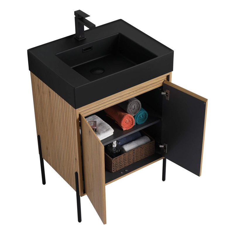 Ebern Designs Yordana Bathroom Vanity 24" Wide, Black, Oak
